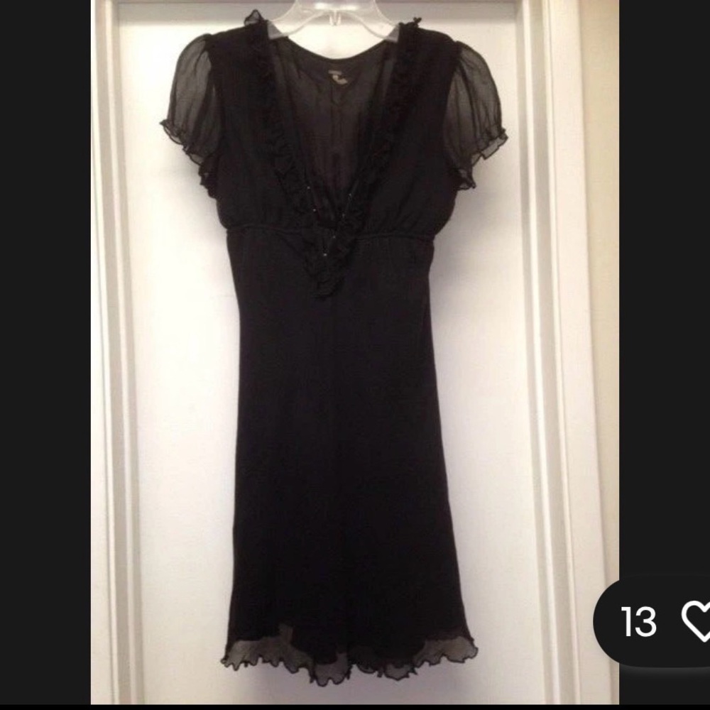 FREE PEOPLE Black Dress Sheer Short Sleeves Ruffle Trim V Neck size S